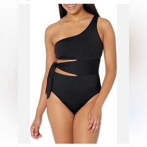 La Blanca one piece swimsuit cutout single shoulder tummy control black 14 NWT